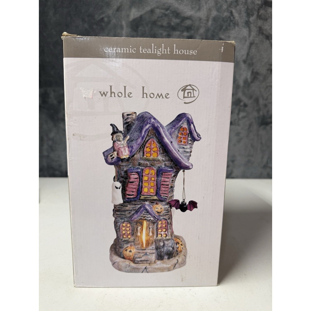 VTG Ceramic Halloween Glitter Haunted House Votive Tea Light Candle Holder #8132